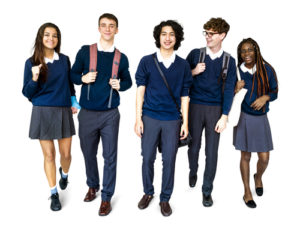 Diverse group of students wearing school uniforms.